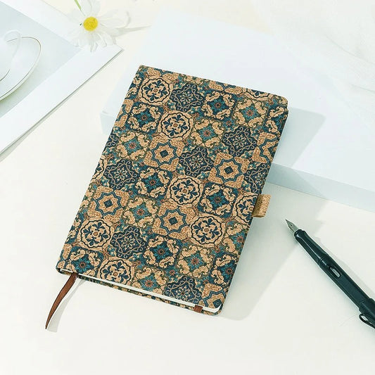 vintage cork notebook, eco-friendly printed journal, boutique cork stationery, floral cork journal, geometric cork notebook, sustainable cork writing book, stylish eco journal, vintage patterned cork cover notebook, daisy print notebook, artisan stationery