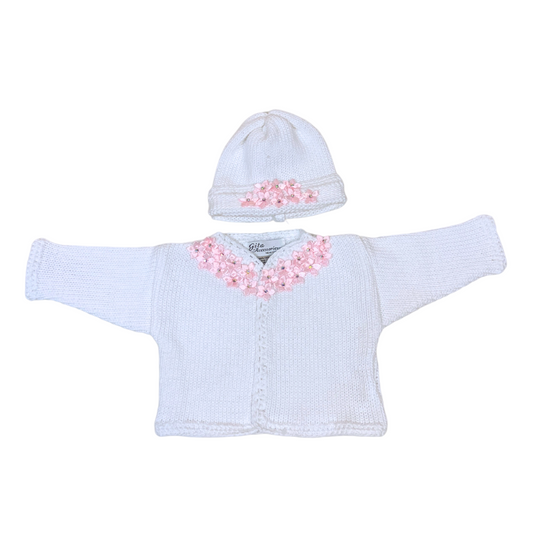 White cotton cardigan & hat with pink satin flowers