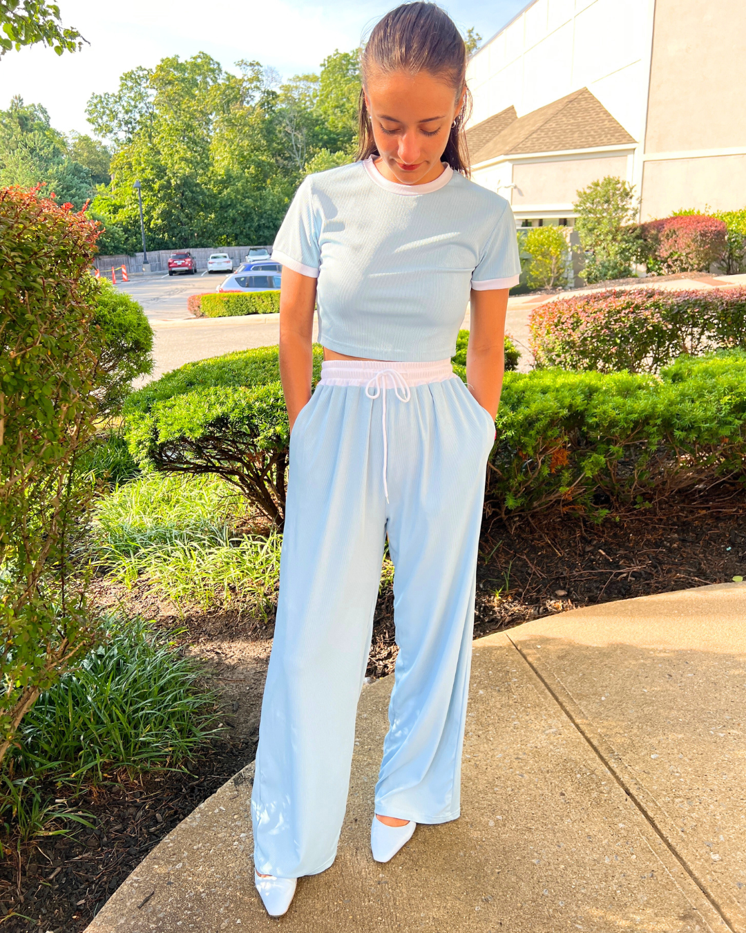 light blue lounge set, 2pc casual outfit, cropped tee and pants set, wide leg drawstring pants, sporty lounge set, boutique casual wear, matching set for women, light blue two piece, comfy chic travel outfit, everyday matching co-ord