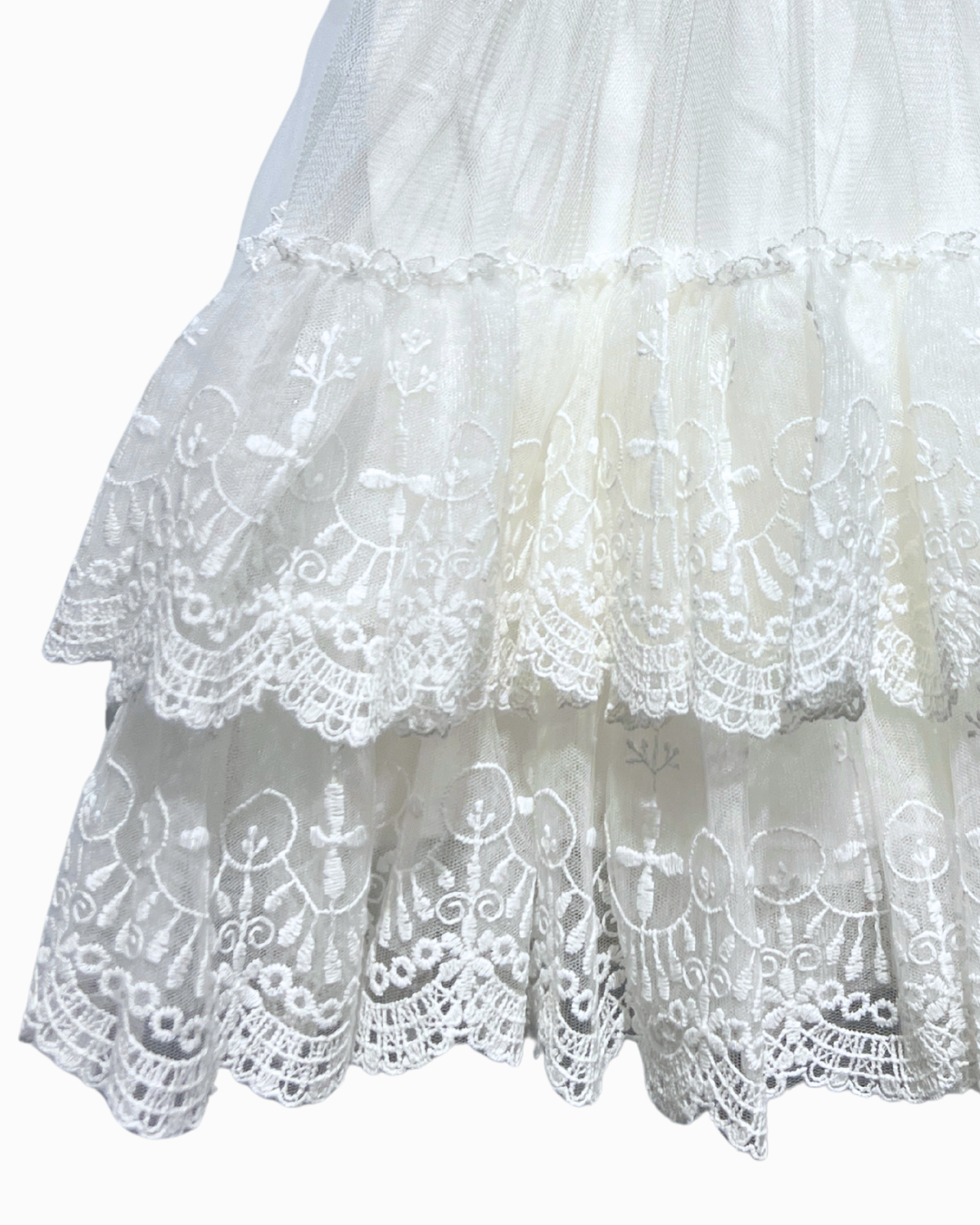 White Dress w Tulle Lace Overlay & Pink Flower Detail