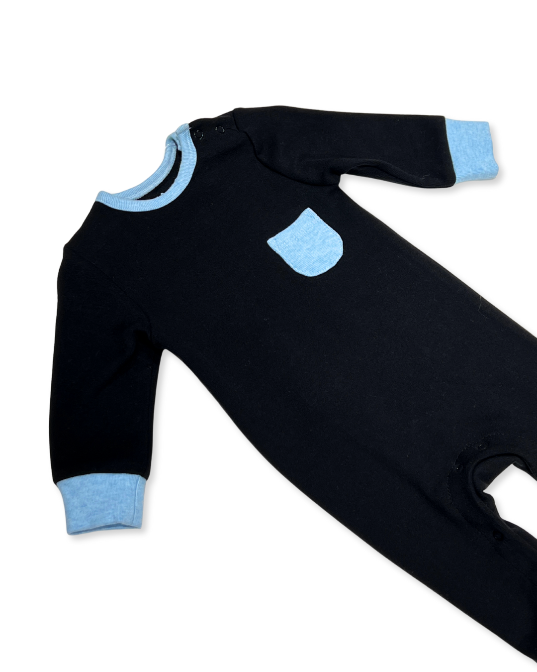 black baby footie, baby boy pocket sleeper, boutique baby romper, infant one piece footie, stylish baby outfit, newborn boy sleepsuit, snap shoulder baby romper, baby shower gift footie, soft cotton baby footed sleeper, modern baby clothing
