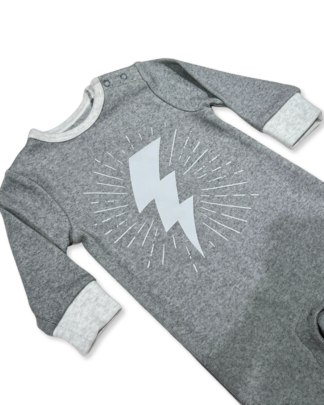 Grey Lightning Bolt Footie, Expressions Boutique, Women and childrens boutique, Woodbury, grey baby footie, baby boy lightning sleeper, boutique baby romper, infant footed one piece, soft cotton baby pajamas, newborn boy sleepsuit, snap closure baby outfit, modern baby boy footie, baby shower boy gift, lightning print baby romper