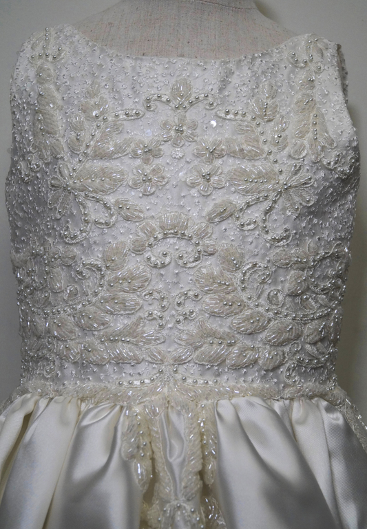 white beaded lace bodice communion dress Expressions Boutique NY, satin and tulle first communion gown, girls beaded white communion dress, elegant lace communion wear Long Island, boutique communion dresses Woodbury NY