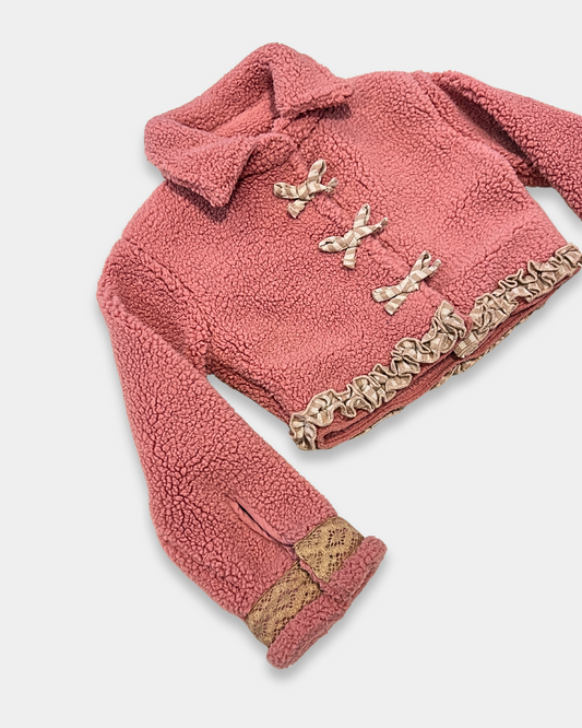 girls sherpa cropped jacket, boutique girls rose jacket, toddler girls winter sherpa coat, pink ruffle trim jacket girls, boutique toddler outerwear, cozy girls sherpa jacket, Expressions Boutique NY girls, girls French rose jacket, toddler girls chic coat, boutique pink cropped jacket