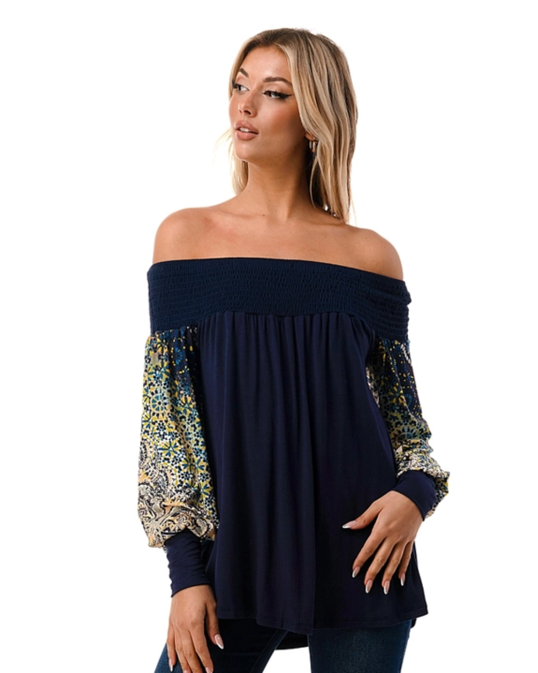 Navy/Multi Print Sleeve Off the Shoulder Top
