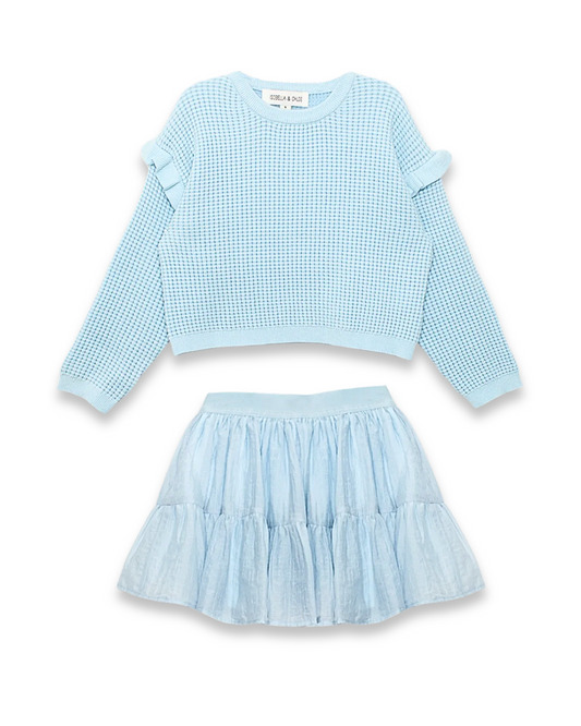 girls tutu skirt set, blue ruffle sweater outfit, toddler holiday outfit, boutique girls clothing set, girls tiered tutu skirt, stylish kids two piece set, girls birthday party outfit, boutique tutu skirt and top set, light blue girls dress set, waffle knit ruffle sweater outfit