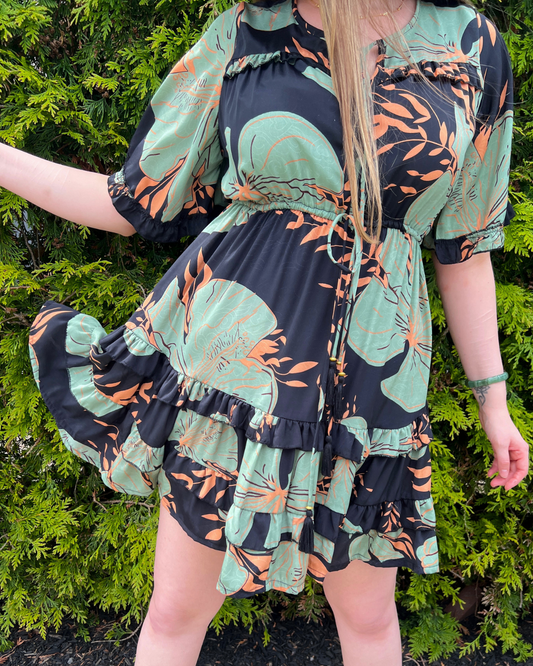 Black/Green/Orange SS Ruffled Short Dress
