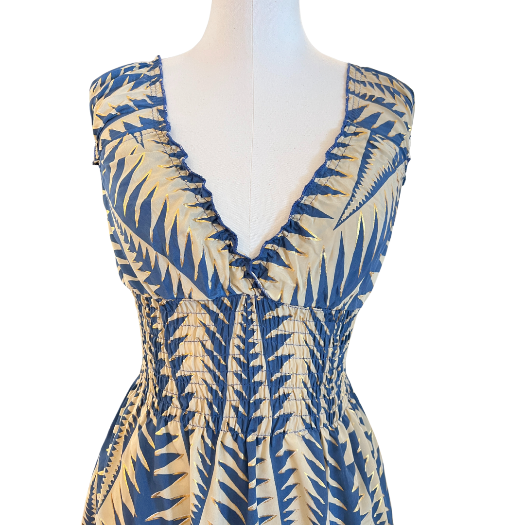 Turquoise & Beige w Gold Smocked Sleeve Short Dress