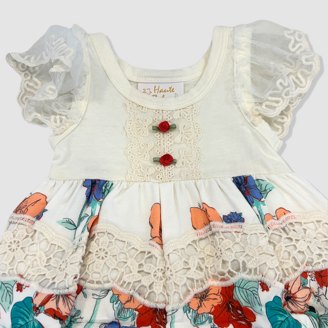 White and Oatmeal S/S Red Roses Romper