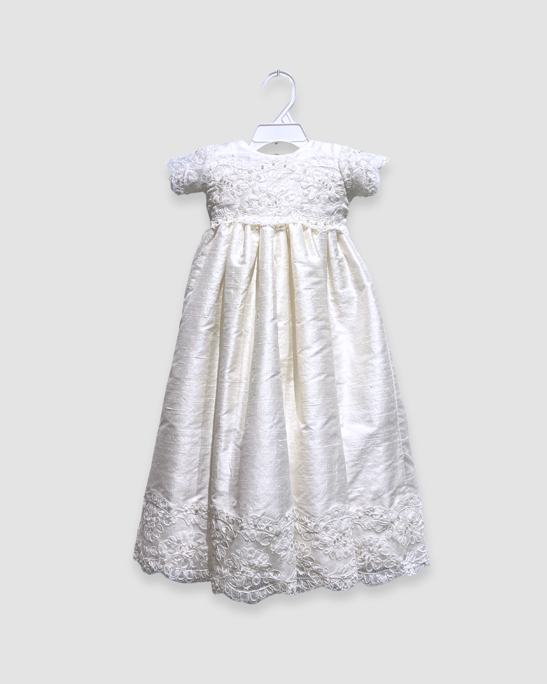 silk christening gown Expressions Boutique NY, lace and beaded baptism dress, pearl and sequin christening outfit, baby girl silk baptism gown Woodbury NY, boutique christening wear Long Island, heirloom silk lace gown