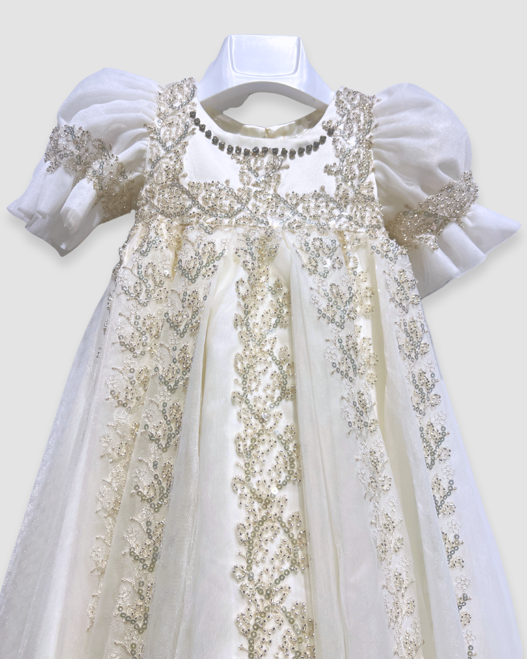Expressions Boutique NY exclusive beaded sequin gown, ivory tulle communion dress, boutique christening gown soft tulle, sequin lace baptism dress, heirloom ivory formal gown, Expressions Boutique special occasion wear
