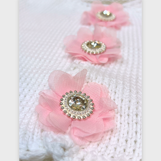 2pc White Cotton Sweater Lg Crystal/Rhinestone center & Hat