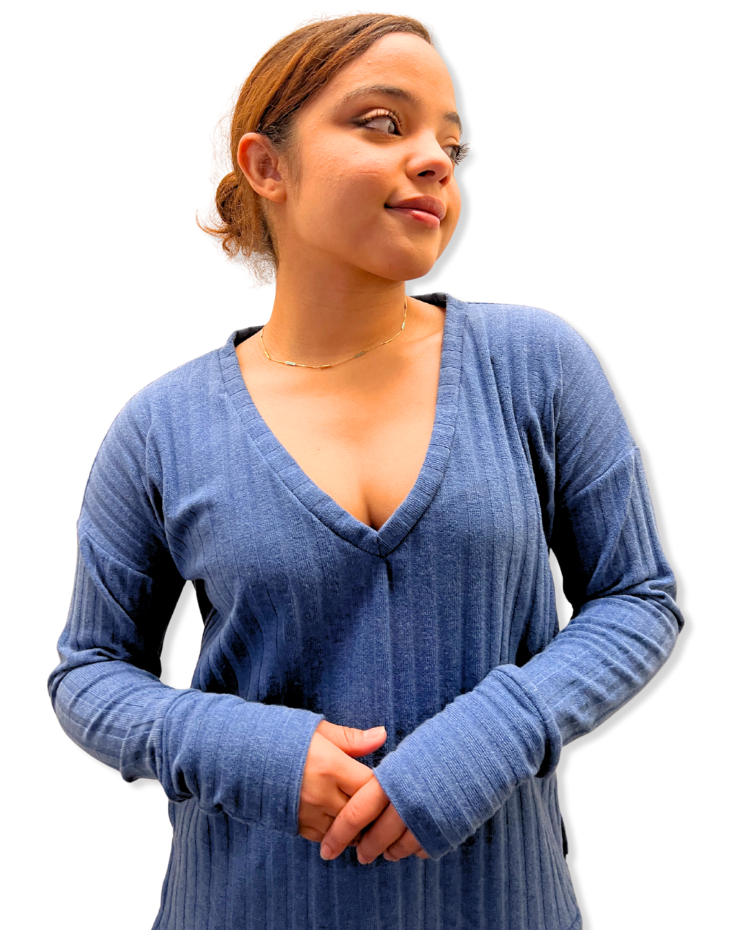 ribbed V-neck top Expressions Boutique NY, women’s long sleeve boutique top, chic rib knit pullover, soft fitted V-neck shirt, versatile winter top