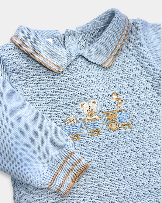 baby boy blue knit romper, light blue romper with bear, embroidered train baby outfit, boutique knit romper boy, baby boy heirloom clothing, baby shower gift blue romper, Expressions Boutique NY, Woodbury baby boutique, classic knit romper with appliqué, newborn knit romper boy, baby boy special occasion outfit, knit romper with embroidery