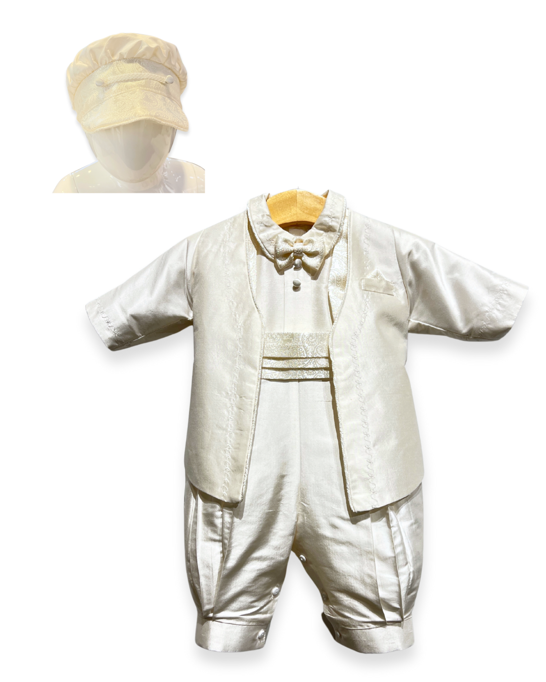 boys silk christening outfit Expressions Boutique NY, 100% silk baptism suit, white silk baby boy formal wear, christening jacket and pants set Woodbury NY, boutique boys baptism outfit Long Island, heirloom silk boys ensemble