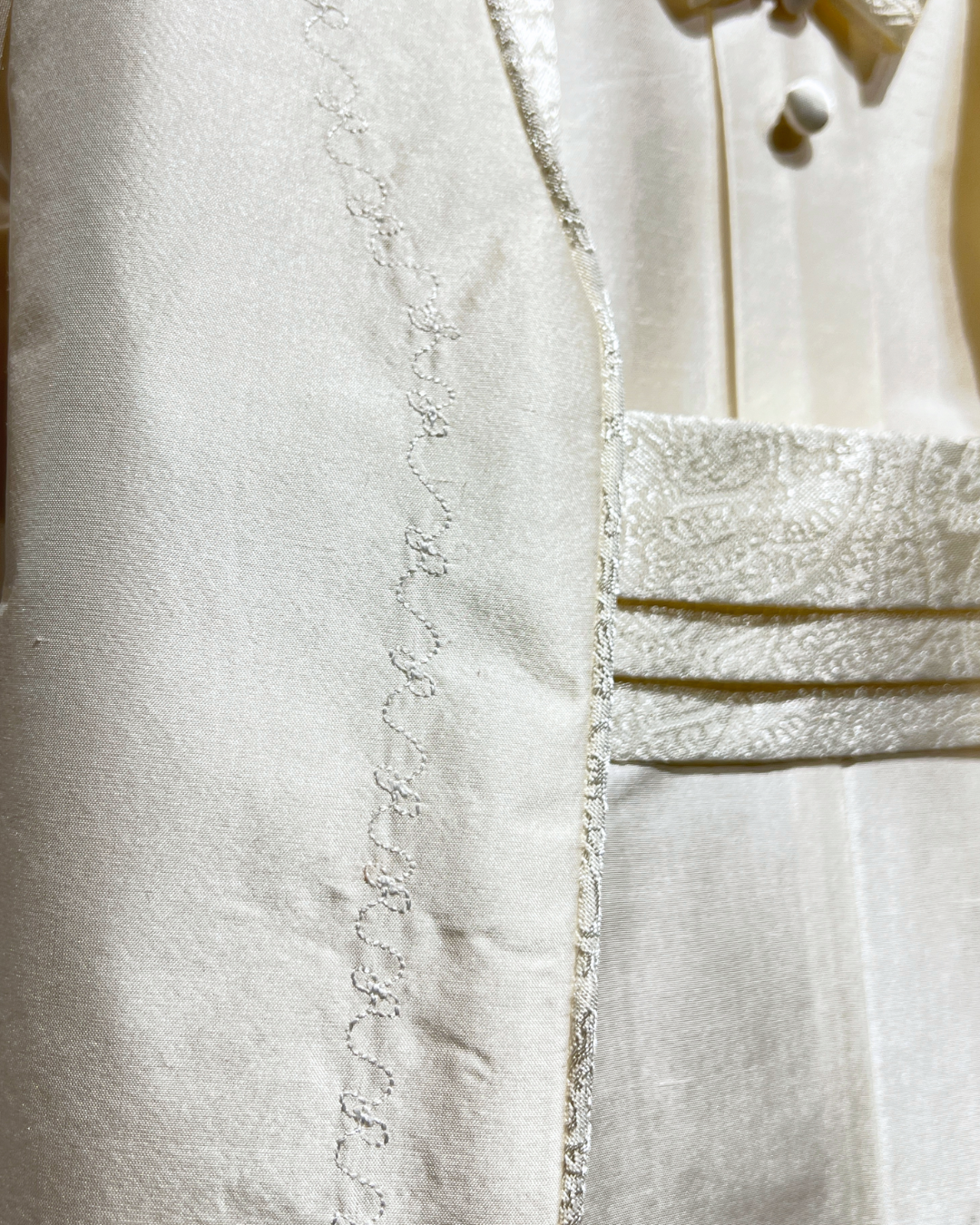 boys silk christening outfit Expressions Boutique NY, 100% silk baptism suit, white silk baby boy formal wear, christening jacket and pants set Woodbury NY, boutique boys baptism outfit Long Island, heirloom silk boys ensemble