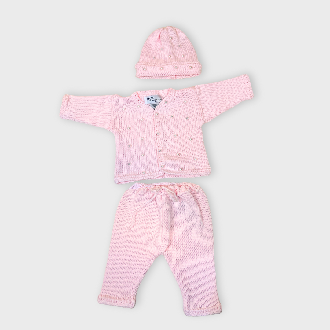 boutique baby girl knit sweater set, christening baby girl cardigan hat, white knit cotton baby outfit girls, boutique newborn knitwear Expressions Boutique NY, heirloom baby girl gift set, rhinestone flower cardigan for baby girl, baby shower gift set boutique, luxury knit baby girl sweater set, cotton baby sweater hat set, baby girl special occasion knitwear
