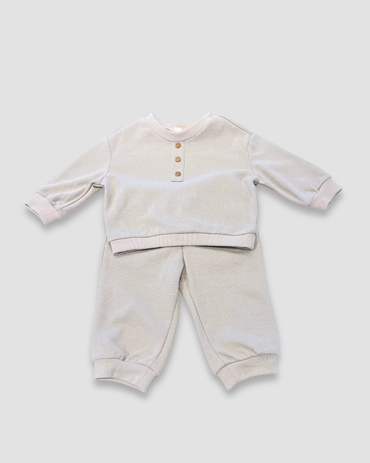 boutique baby boy pant set Expressions Boutique NY, beige neutral toddler lounge outfit, ribbed cotton kids co-ord set, minimal unisex baby clothing soft cotton, fall toddler matching set comfy knit