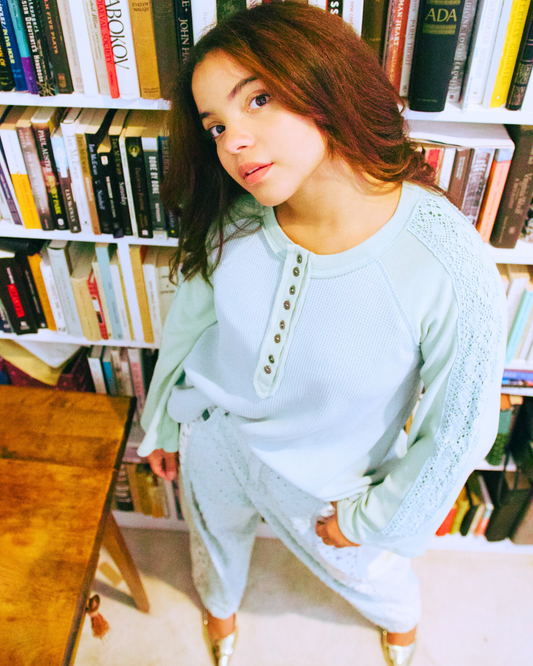 seafoam green scoop neck top, lace sleeve boutique blouse, women’s waffle knit top, boutique chic scoop top, pastel green fashion top, feminine lace trim shirt, boutique casual wear women, airy spring tops women, trendy scoop neck blouse, lace detail seafoam green shirt