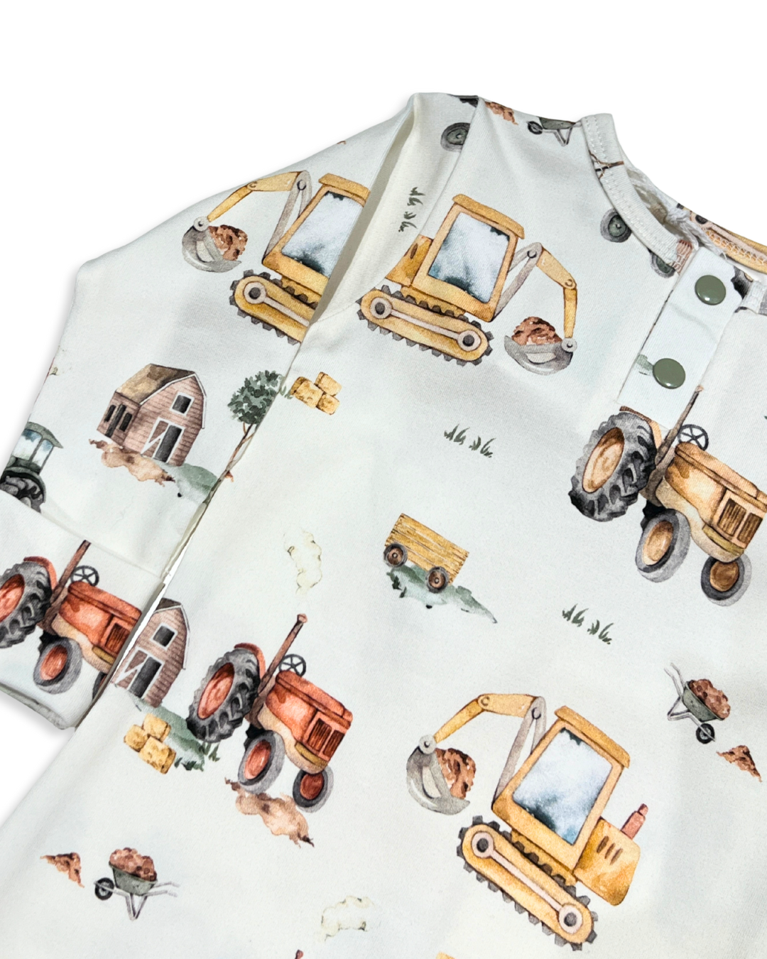 diggers and tractors baby romper, farm print growsuit, organic cotton baby clothes, baby boy tractor outfit, boutique baby romper, infant farm print one piece, baby shower gift boy, soft cotton baby footie, eco friendly baby growsuit, toddler farm themed outfit