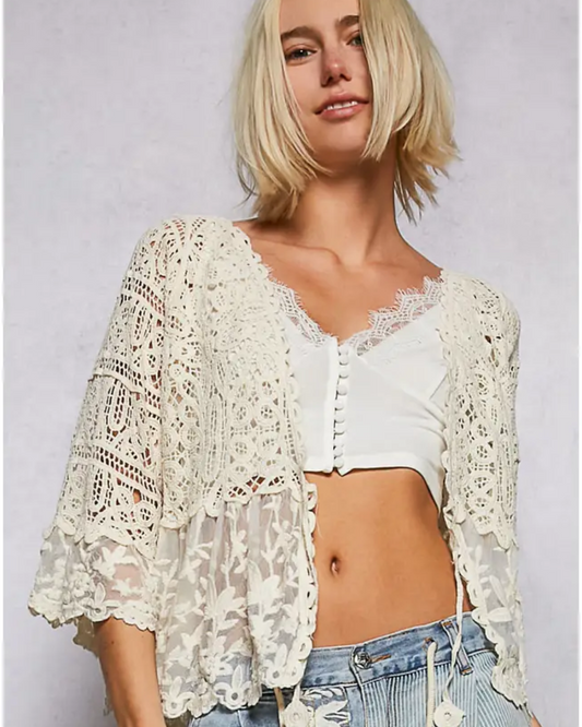V Neck SS Crochet Floral Lace Cardigan