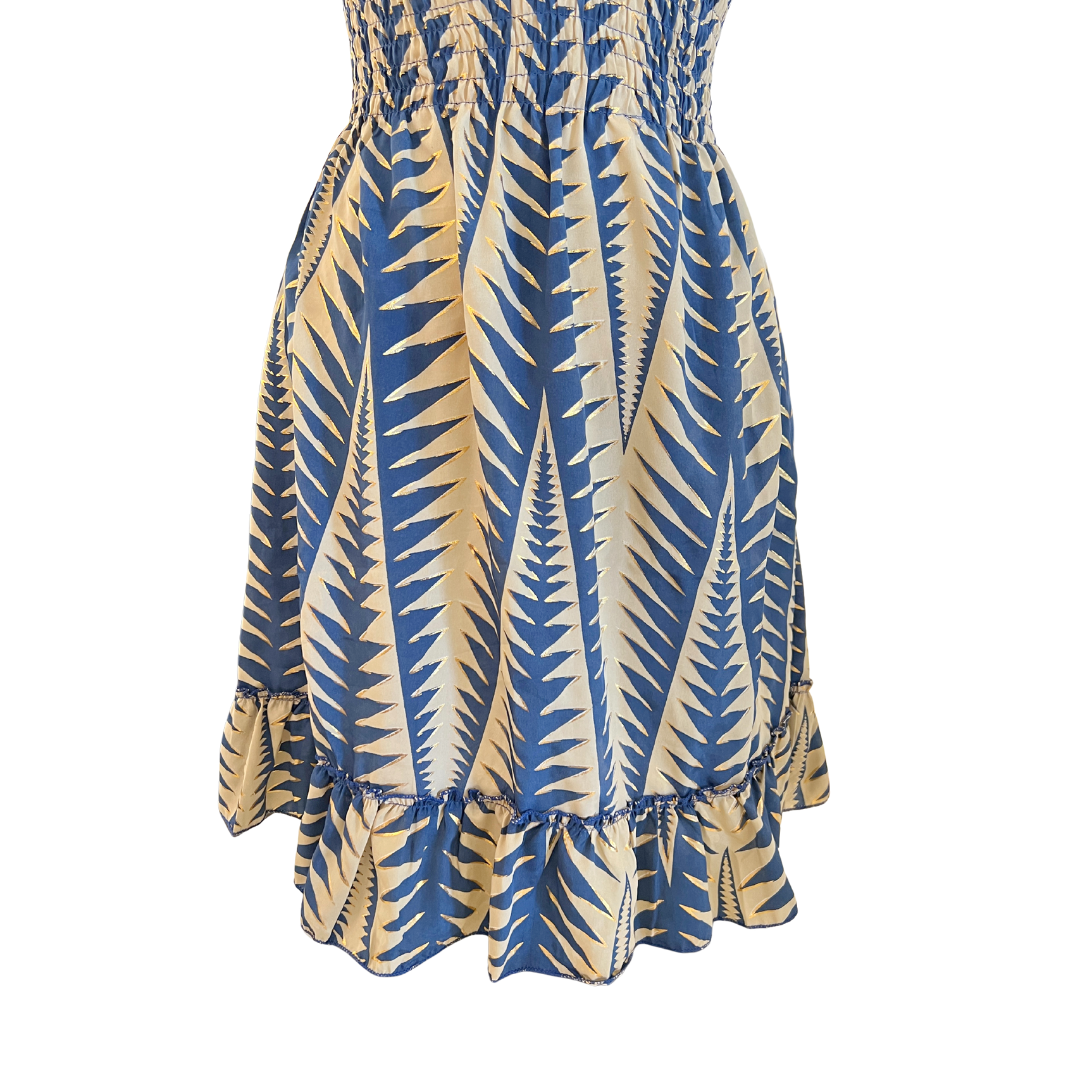 Turquoise & Beige w Gold Smocked Sleeve Short Dress