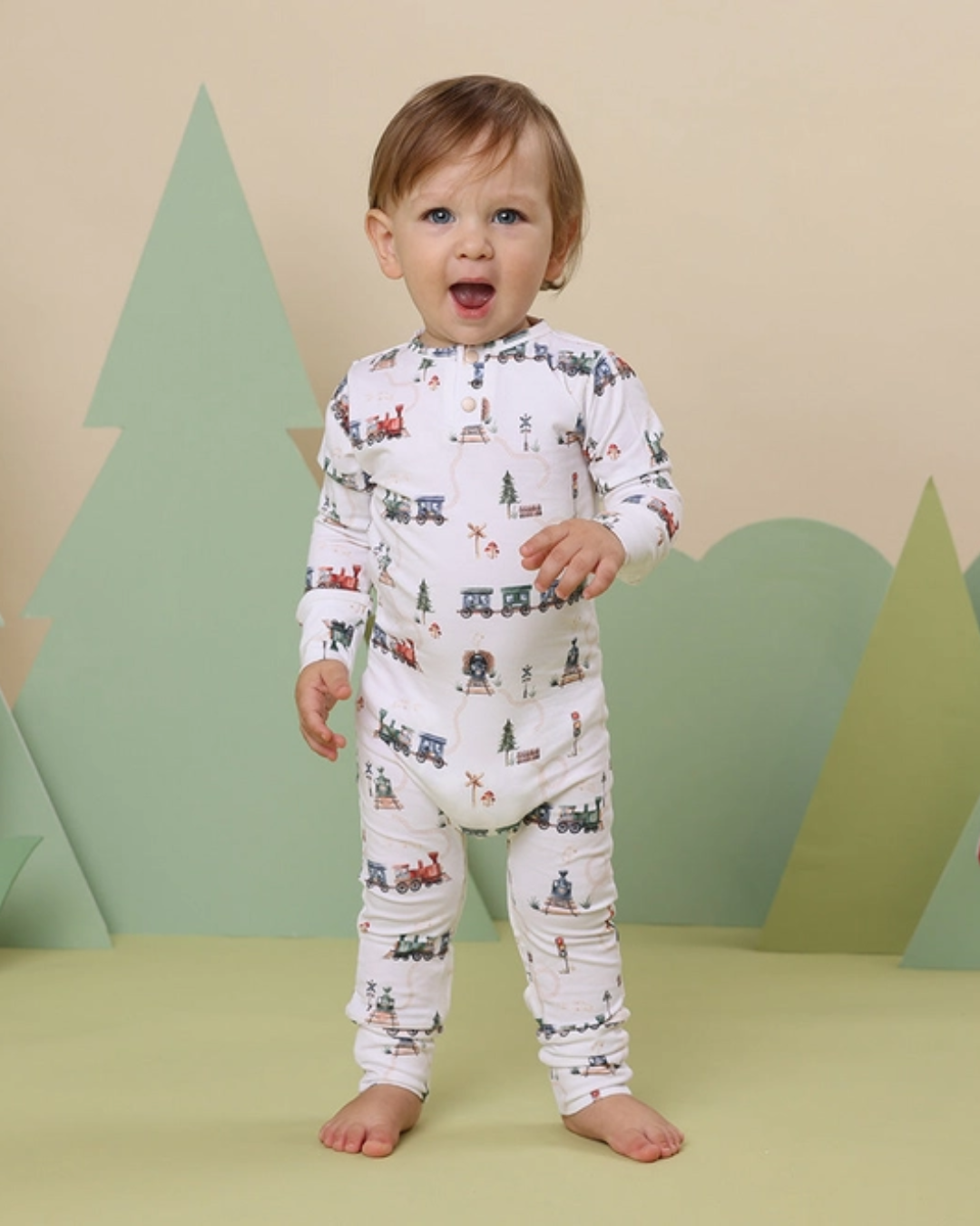 train print baby romper, organic cotton growsuit, baby boy train outfit, boutique baby romper, eco friendly babywear, newborn train print one piece, soft cotton baby pajamas, infant boys growsuit, baby shower train outfit, toddler train themed romper