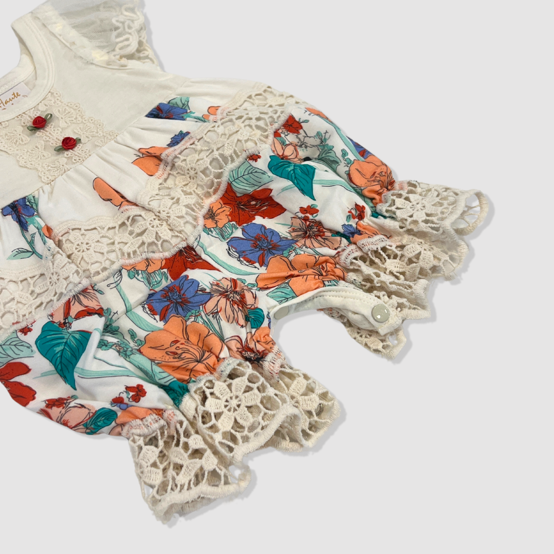 White and Oatmeal S/S Red Roses Romper
