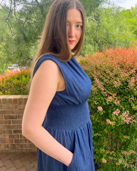 Smocked Waist Zip Front Maxi Dress