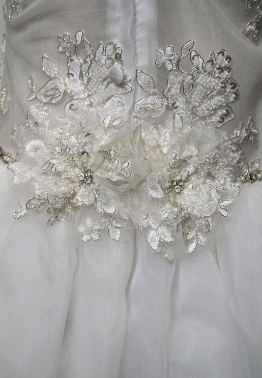 white beaded lace bodice communion dress Expressions Boutique NY, satin and tulle first communion gown, girls beaded white communion dress, elegant lace communion wear Long Island, boutique communion dresses Woodbury NY