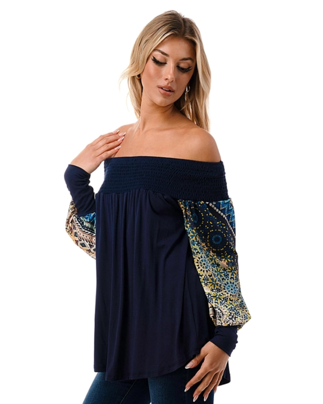Navy/Multi Print Sleeve Off the Shoulder Top