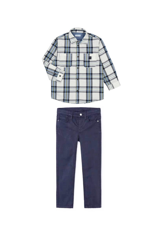 White with Blue Plaid Button Up with Blue Slim Fit Pants