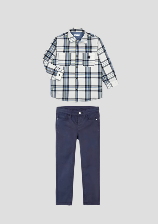 2pc White Blue Plaid Shacket w Navy Pant