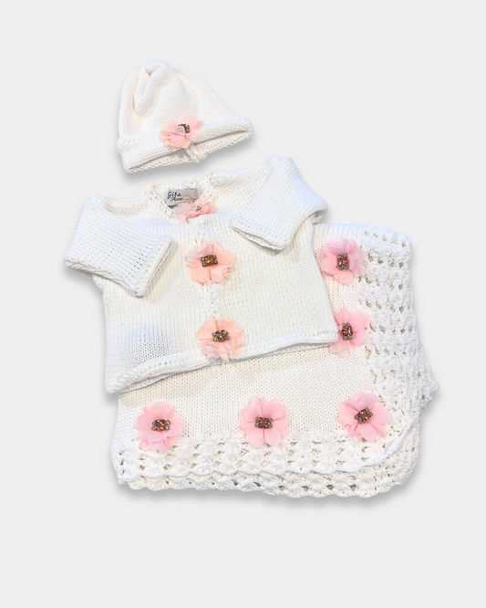 boutique baby girl knit sweater set, christening baby girl cardigan hat, white knit cotton baby outfit girls, boutique newborn knitwear Expressions Boutique NY, heirloom baby girl gift set, rhinestone flower cardigan for baby girl, baby shower gift set boutique, luxury knit baby girl sweater set, cotton baby sweater hat set, baby girl special occasion knitwear