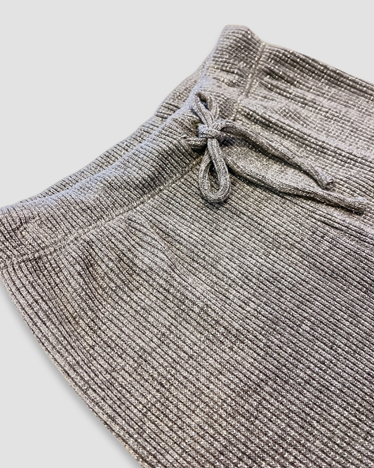 boutique women’s loungewear set Expressions Boutique NY, grey sparkle knit pants, metallic ribbed co-ord set, soft waffle knit lounge outfit, chic comfy set for women neutral tones