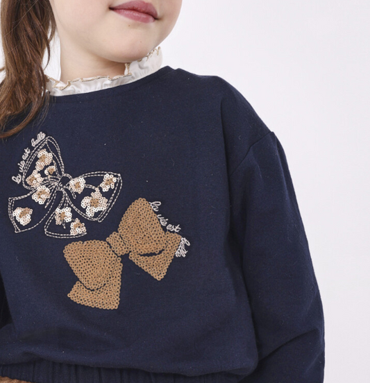 2pc Navy Sweatshirt w Bow Design & Velour Pant *