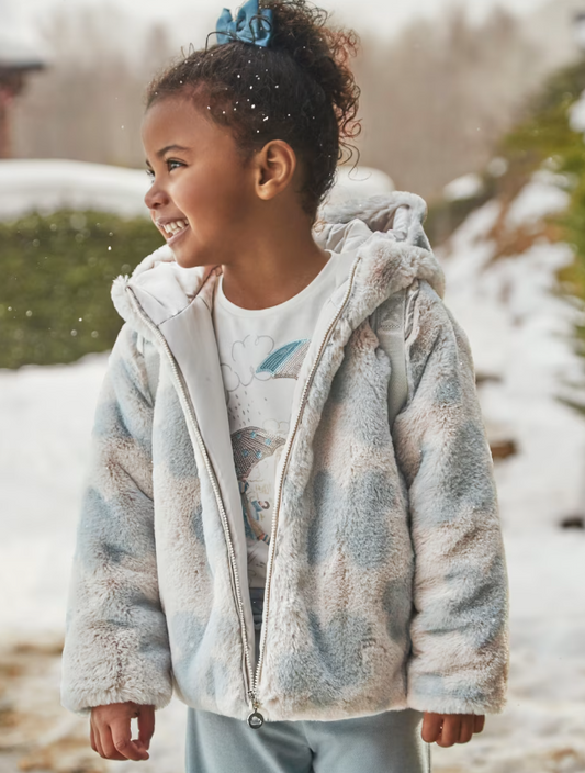 Beige w Lt Blue Scattered Hearts Faux Fur Coat