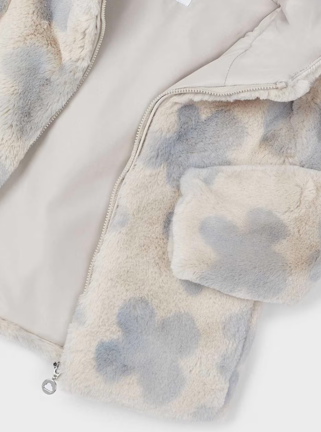 Beige w Lt Blue Scattered Hearts Faux Fur Coat