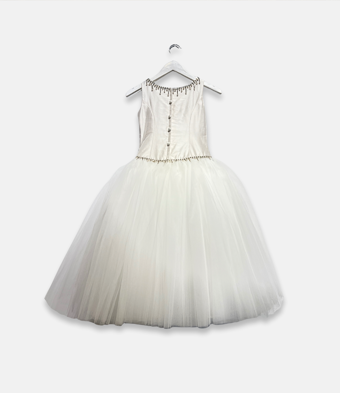 couture margo dress, white pearl beaded communion dress, satin and tulle flower girl dress, boutique girls formal gown, couture girls special occasion dress, pearl neckline communion gown, Expressions Boutique NY, luxury girls fashion, elegant communion dress, boutique couture kidswear