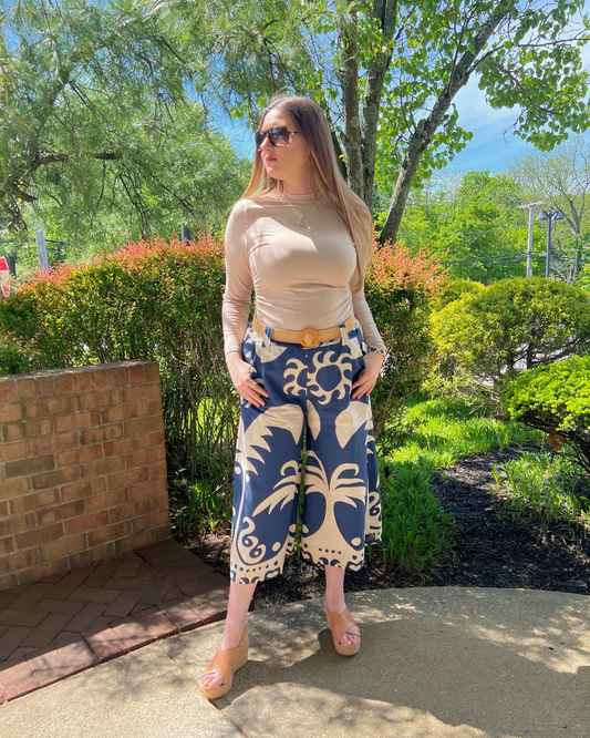 Midnight Blue Pull on Belted 2 Tone Flare Pant