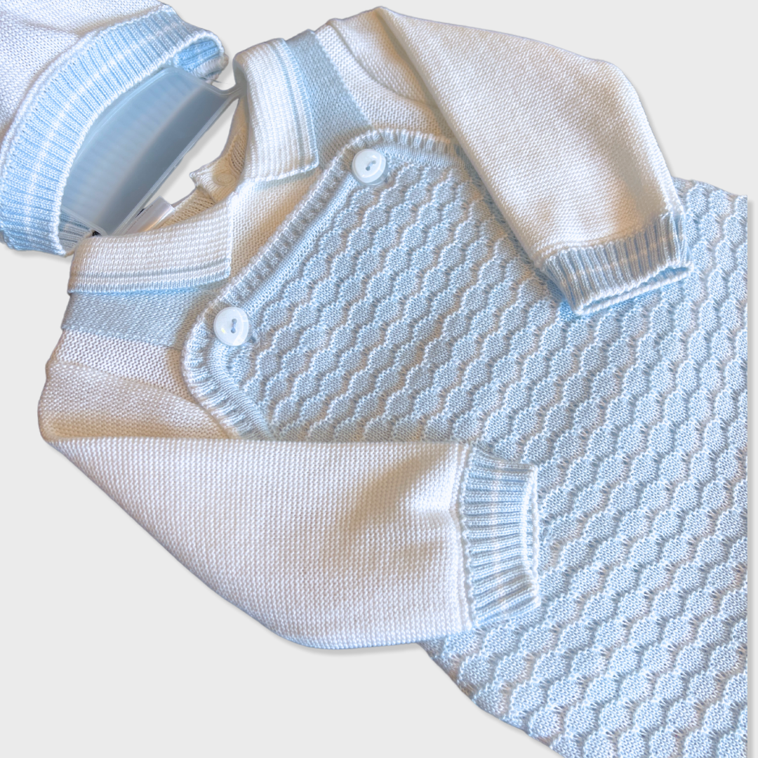 baby boy knit overall set, blue and white baby outfit, boutique baby boy clothing, knit baby boy romper, newborn knit outfit boy, baby boy christening outfit, baby boy holiday outfit, boutique knit baby clothes, baby shower gift boy, Expressions Boutique NY, Woodbury baby boutique, knit baby outfit with footies