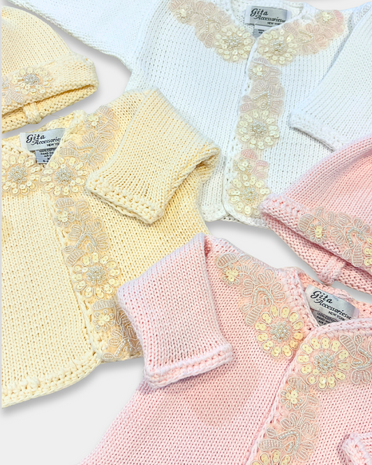 boutique baby girl sweater hat set, ivory sequin baby girl knitwear, pink cotton baby sweater set, baby girl knit cardigan Expressions Boutique NY, christening baby girl outfit boutique, heirloom knit sweater set for baby, luxury newborn knitwear girls, sequin flower baby girl outfit, boutique baby shower gift girl, matching baby blanket and sweater set