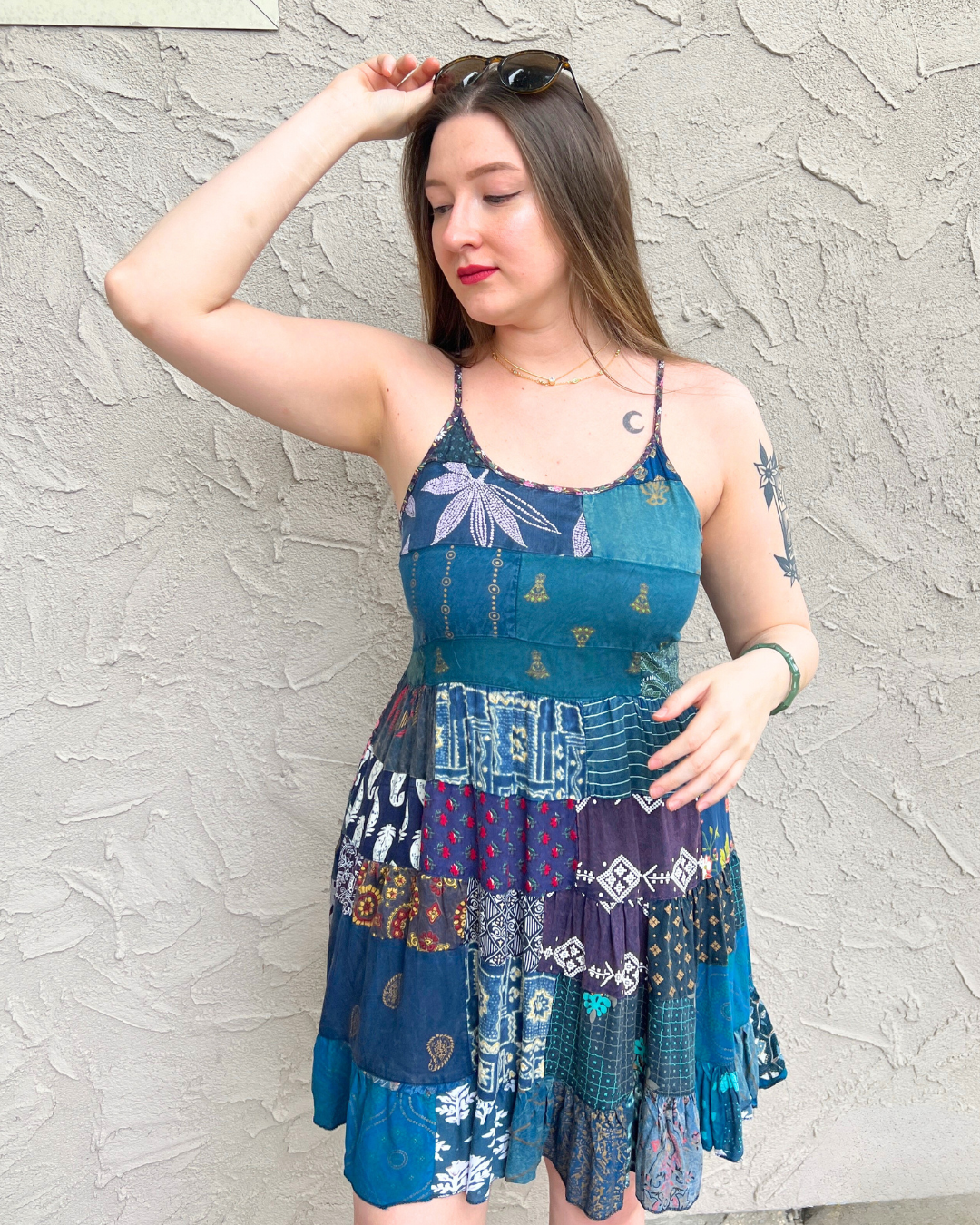 Blue Spaghetti Strap Patchwork Short Dress L / PS-266 B25 Blue Spaghetti Strap Patchwork Short Dress L / PS-266 B25