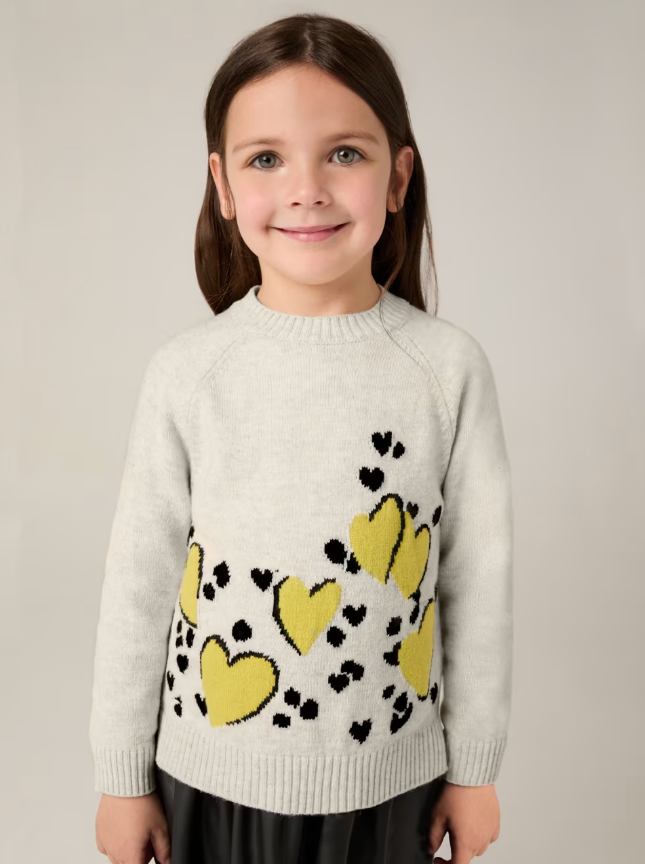 girls layered dress set, heart print knit dress, kids boutique sweater dress, beige and black girls outfit, chartreuse heart dress, layered look girls dress, cozy fall girls dress, knit sweater dress for kids, cute abstract print girls outfit, trendy girls winter dress