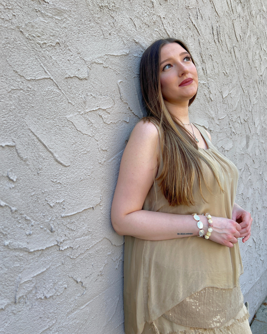 Sand Sleeveless Sequin Band w Silk Camisole