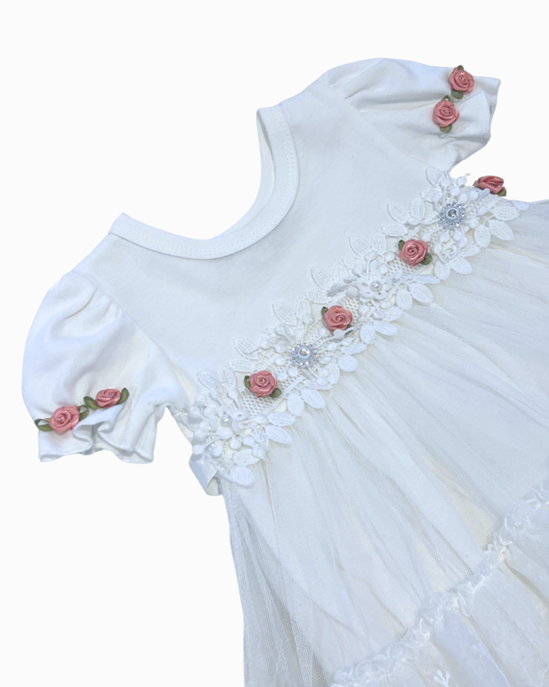 White Dress w Tulle Lace Overlay & Pink Flower Detail