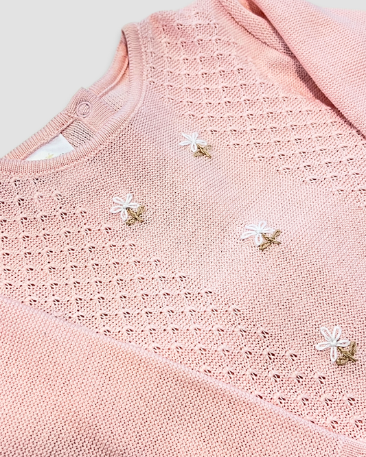 boutique baby knit outfit Expressions Boutique NY, pink embroidered baby sweater set, soft cotton knit baby clothes, floral baby girl outfit delicate trim, heirloom knit two piece baby set breathable cotton