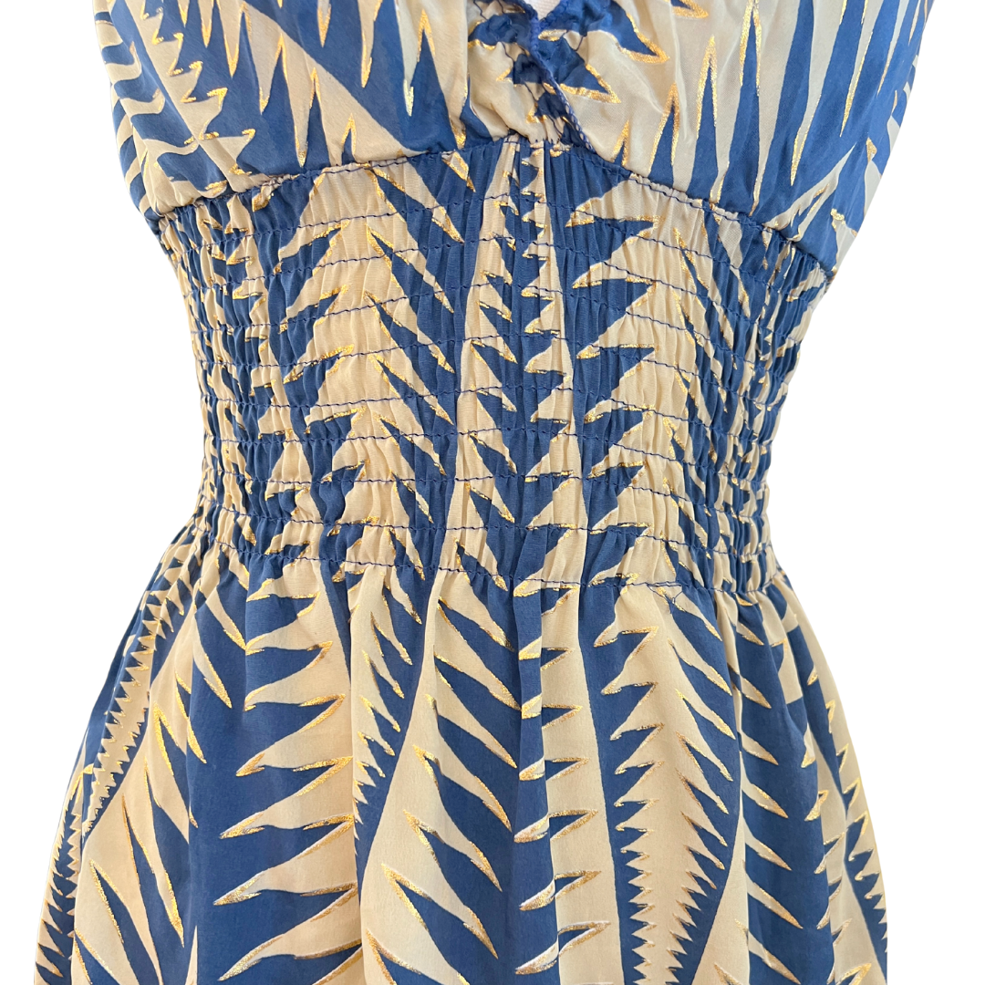 Turquoise & Beige w Gold Smocked Sleeve Short Dress