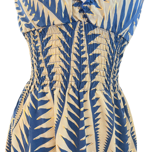 Turquoise & Beige w Gold Smocked Sleeve Short Dress