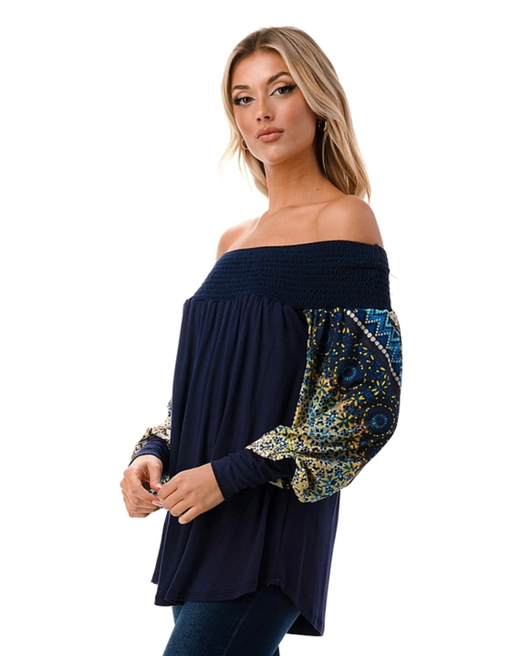 Navy/Multi Print Sleeve Off the Shoulder Top